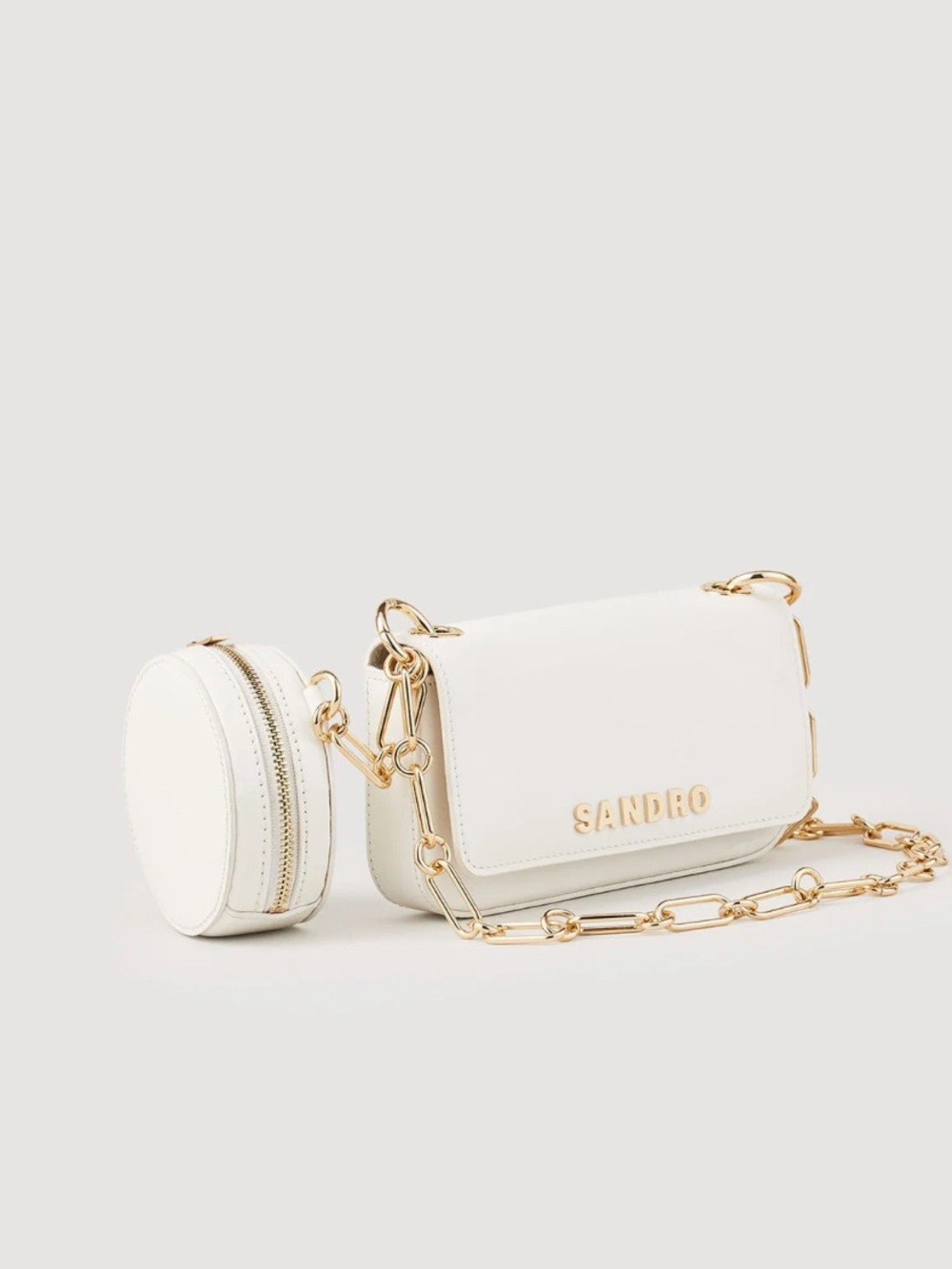 Sandro white Leather bag with Round Pouch and Gold Hardware
